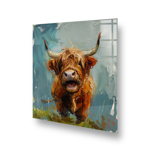 Highland Cow kitchen splashback art featuring Curaidh with vibrant colours and a painterly style Side View