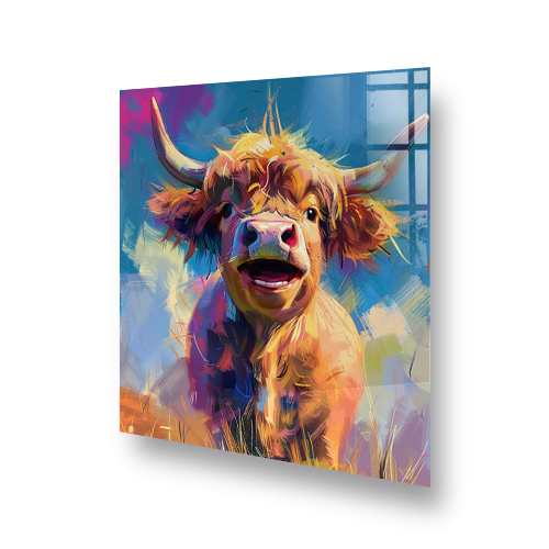 Colourful highland cow kitchen splashback art over a stove, showcasing vibrant and whimsical Henrietta against a modern artistic backdrop. Side View