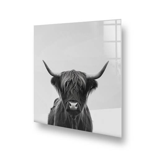 A black and white image of a Highland cow on a glass kitchen splashback, named Angus. Side View