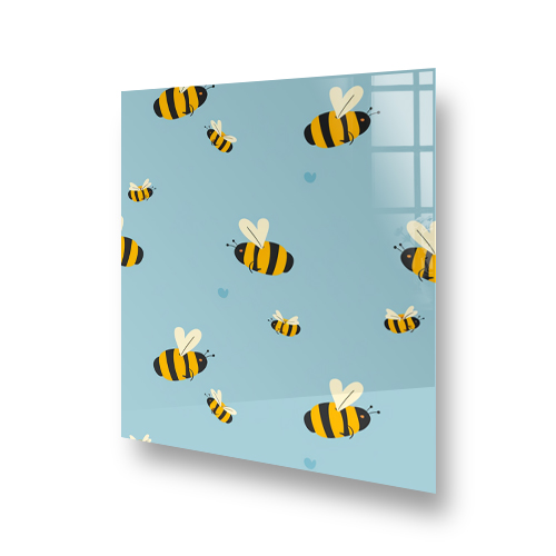 Whimsical bees pattern splashback with hearts illustration on pastel blue backdrop printed glass kitchen splashback Side View