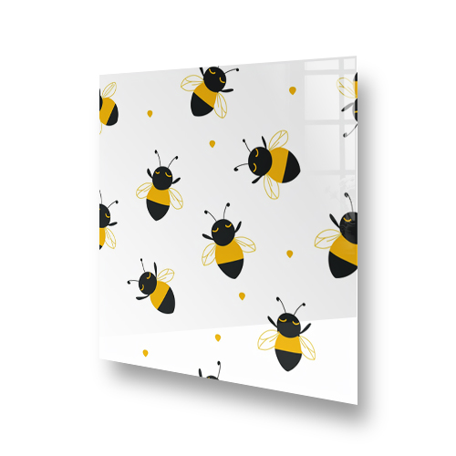 Animated bumblebee pattern on a white glass kitchen splashback Side View