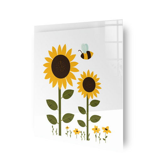Colourful glass kitchen splashback with sunflower art design and a bumblebee Side View
