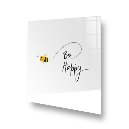 Playful bee and "Bee Happy" quote on white kitchen splashback Side View