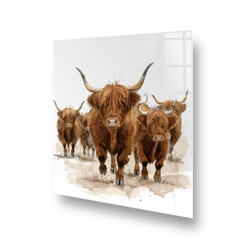 A Highland Cow kitchen splashback featuring a herd of brown and tan Highland Cows with long horns, led by a prominent cow Side View