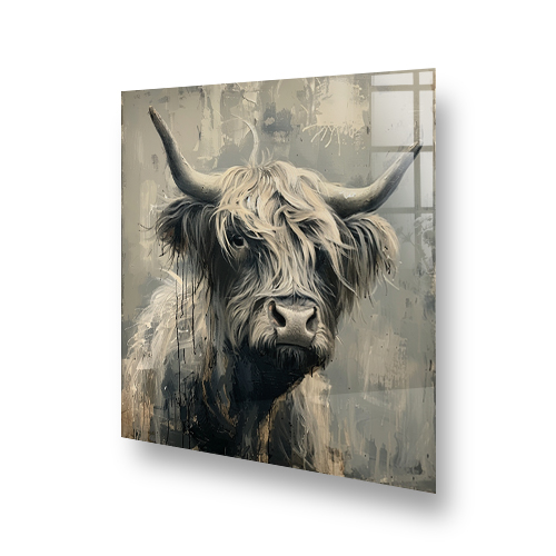 Abstract art of a Highland Cow on a kitchen splashback featuring shades of grey, beige, and taupe, with a grunge texture. Side View