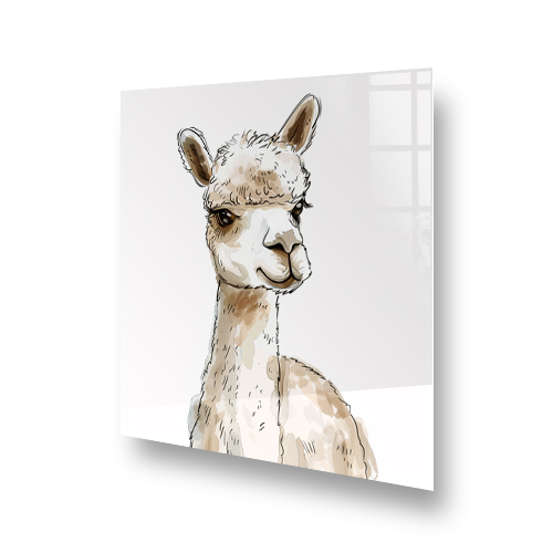 Illustration of Willow, a charming alpaca, on a kitchen splashback in gentle shades of cream and brown Side View