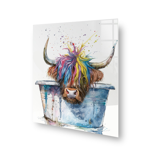 Whimsical highland cow in a bucket with colourful painted mane on kitchen splashback Side View