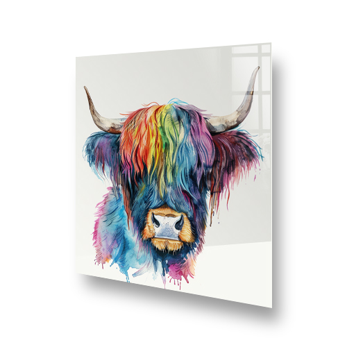 Colourful highland cow art named "Leo" above a kitchen stove with reflection on hob Side View