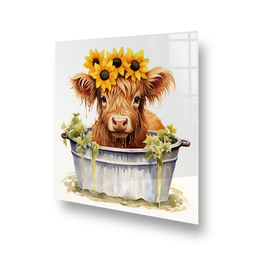 Whimsical highland cow named Marigold in a tub, surrounded by marigold flowers, as kitchen splashback art Side View