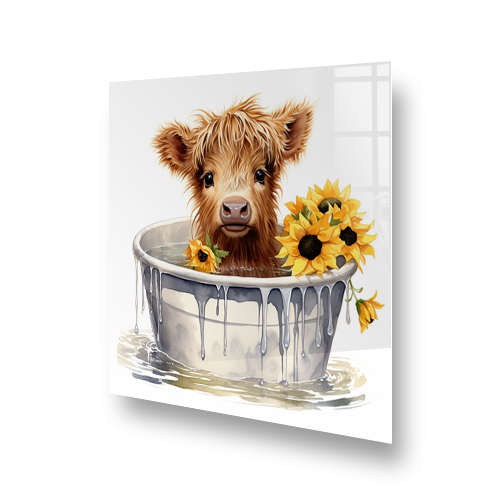 Highland Cow in Bucket with Sunflowers Kitchen Splashback Side View