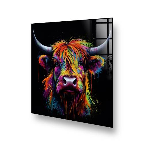 Colourful Highland Cow painted on a black splashback in a kitchen setting Side View