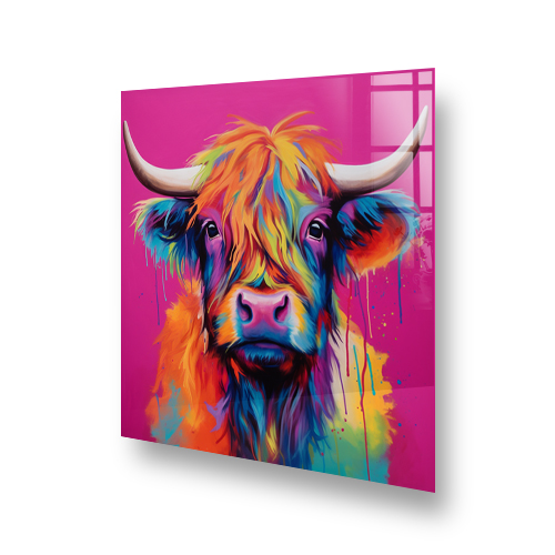 Vibrant "Highland Muse" Highland Cow art on kitchen splashback in intense colours Side View