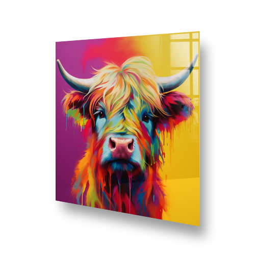 Colourful Highland Cow art on splashback above cooker Side View