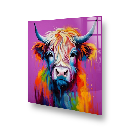 Colourful Highland Cow printed on a kitchen splashback with vivid purple background and vibrant orange and blue accents Side View