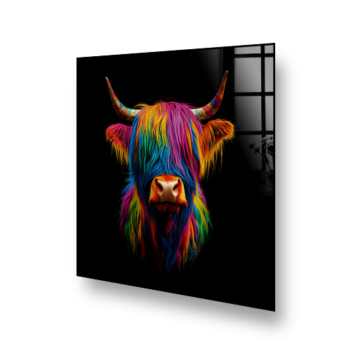 Highland Cow with colourful furry mane on a printed kitchen splashback against a black background Side View