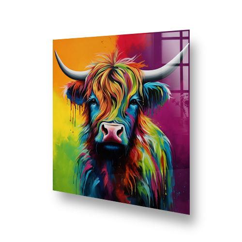 Colourful Highland Cow kitchen splashback art in a spectrum of vibrant colours Side View
