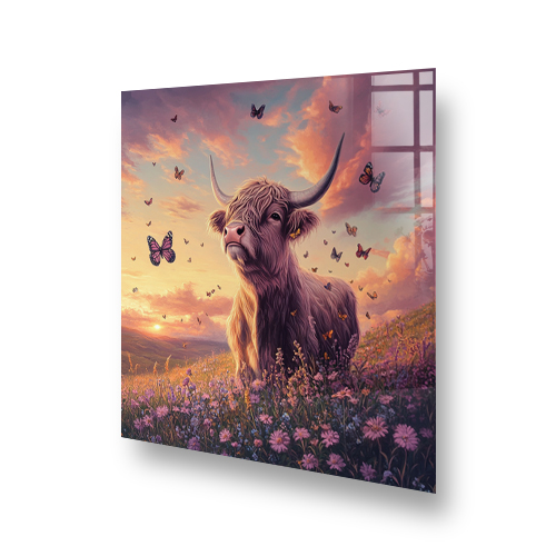 "Missy with Butterflies" Highland Cow in a purple wildflower field with butterflies and sunset Side View