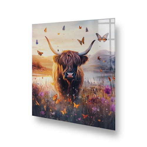Highland Cow standing amongst wildflowers with butterflies, designed as a splashback for kitchen décor. Side View