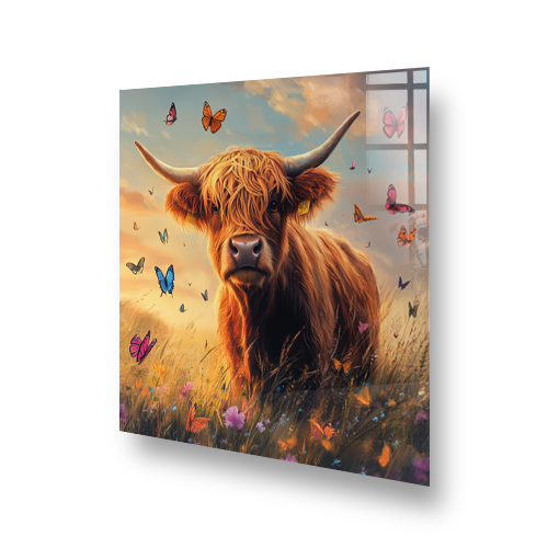 Highland Cow named Jasper surrounded by colourful butterflies on a splashback Side View