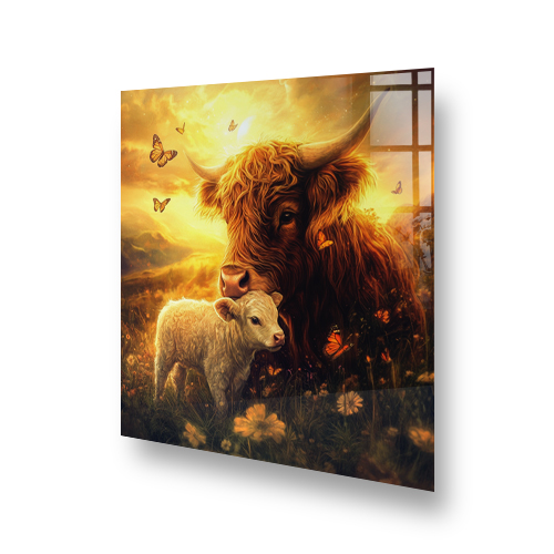 Highland Cow and Calf depicted on a kitchen splashback with warm sunset colours and fluttering butterflies. Side View