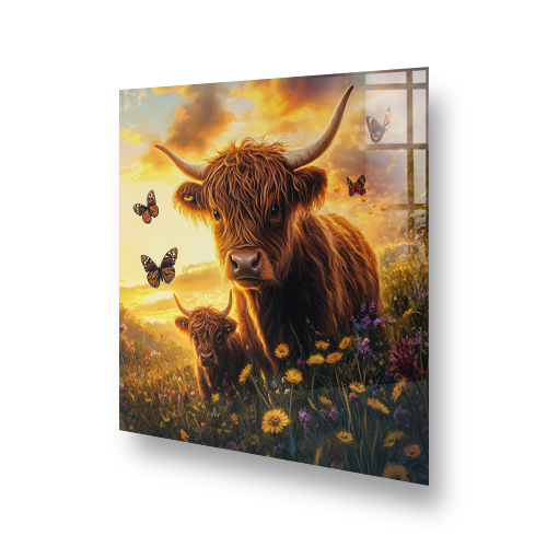 Highland Cow and calf amidst wildflowers on a Highland Cow splashback art Side View