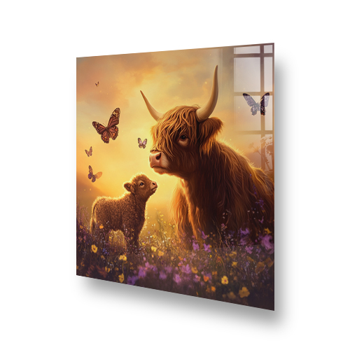 Enchanting Highland Blis" Highland Cow and calf amidst wildflowers with butterflies kitchen splashback Side View