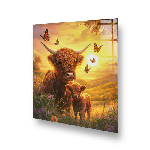 "Highland Cow and calf in golden sunset with butterflies kitchen splashback" Side View