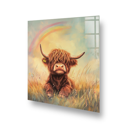 Artistic depiction of Lucky the Cow, a brown Highland Cow in front of a rainbow, on a kitchen splashback Side View