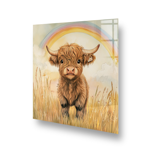 Warm-toned Highland Cow calf named Teardrop standing in a field with a rainbow, designed as a printed splashback. Side View