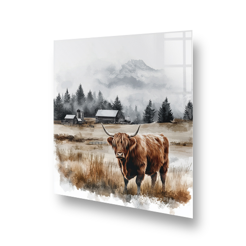 Highland Farm Watercolour in misty mountain scene kitchen splashback Side View