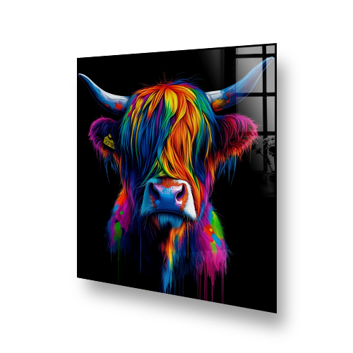 Colourful artistic representation of "Matrix the Cow" on a kitchen splashback with vibrant splashes of paint against a black background Side View