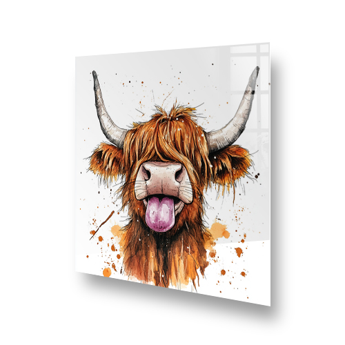 Sassy Moo Highland Cow art on kitchen splashback featuring a lively cow with tongue out amidst earth-toned splashes Side View