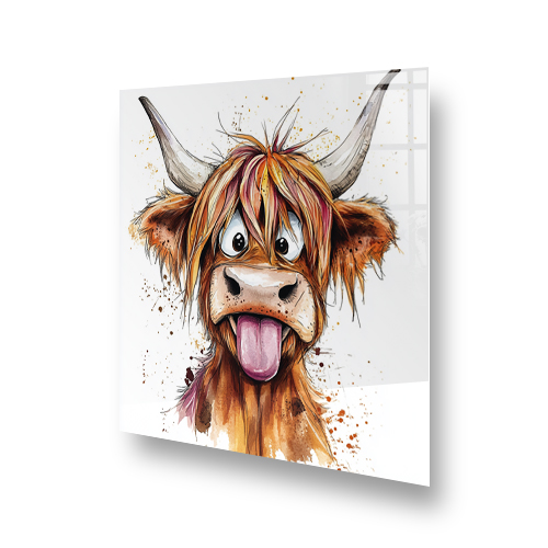 Daisy Diva the Highland Cow kitchen splashback art with a cheeky expression in earthy brown tones and vibrant accent colours Side View