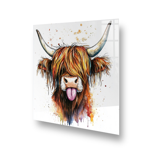 Playful "Chloe Cowbell" Highland Cow kitchen splashback with vivid colours and artistic splatter design Side View