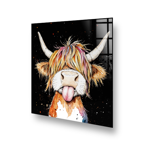 Cleopatra Cow Highland Cow with colourful mane on splashback art Side View