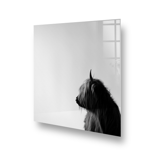Monochrome side profile of a Highland Cow on a printed kitchen splashback Side View