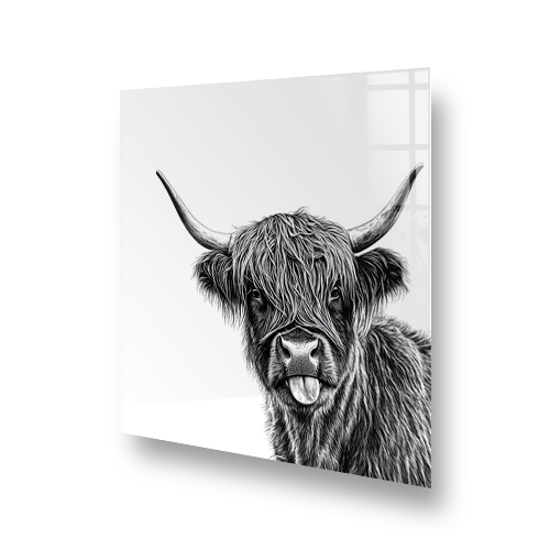 A black and white sketch of Cheeky Coo, a playful Highland Cow, on a printed kitchen splashback. Side View