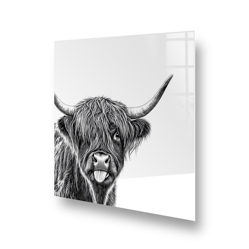 Monochrome Highland Cow with tongue out on kitchen splashback Side View