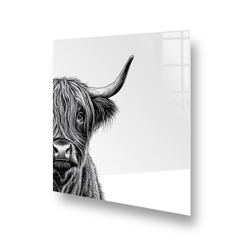A minimalist black and white sketch of a Highland Cow named Isla on a kitchen splashback, featuring detailed fur texture and a captivating gaze. Side View