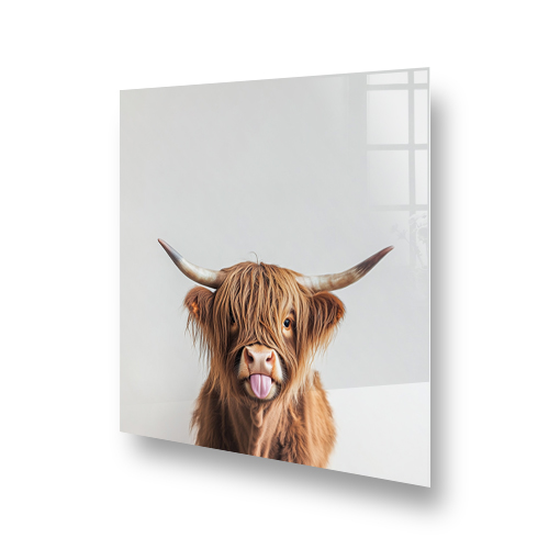 Playful "Tiny Horns, Big Attitude" Highland Cow with shaggy fur on kitchen splashback Side View