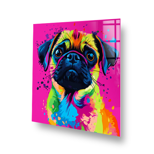 Colourful graffiti pug splashback art with vibrant pink, yellow, blue, and orange shades. Side View