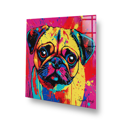 Colourful graffiti pug splashback art with vibrant colours. Side View