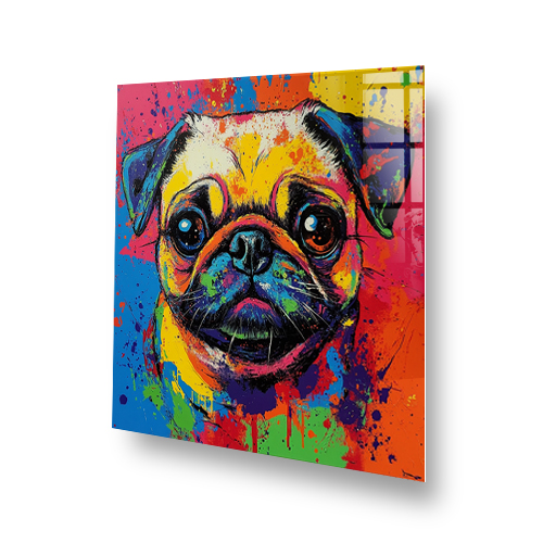 Colourful graffiti pug splashback with vibrant paint splashes. Side View
