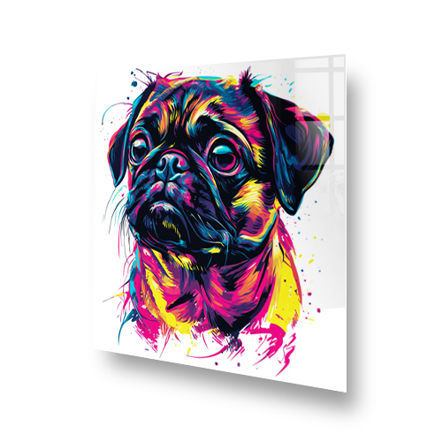Colourful graffiti pug splashback art with vivid pink, yellow, blue, and black. Side View