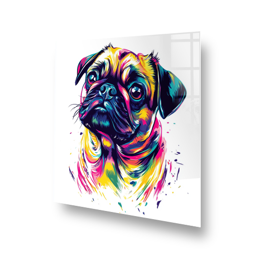 Colourful graffiti pug splashback design with vibrant yellow, blue, pink, and orange shades. Side View