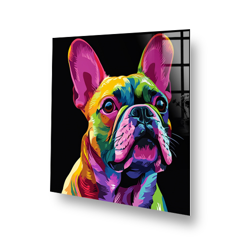 Neon Frenchie French Bulldogs splashback art with vibrant neon colours on a black background. Side View