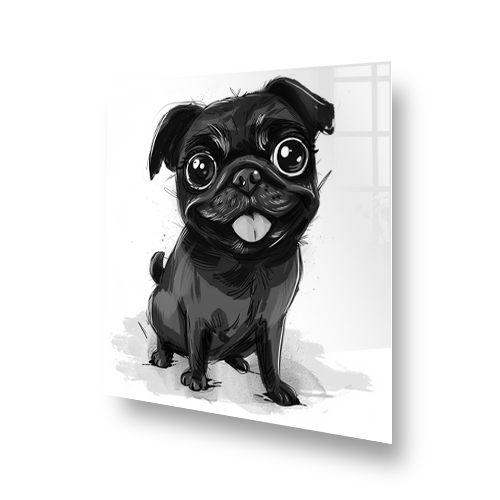 Crazy Pugs splashback featuring Black Cheeky Pug with expressive eyes in black and white tones. Side View