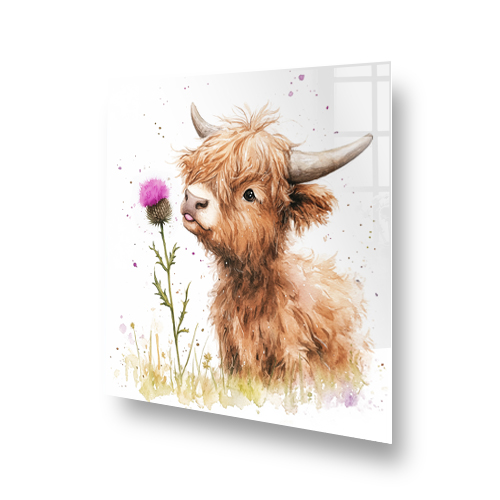 Highland Cow with thistle splashback art in earthy browns, greens, and vibrant purple. Side View