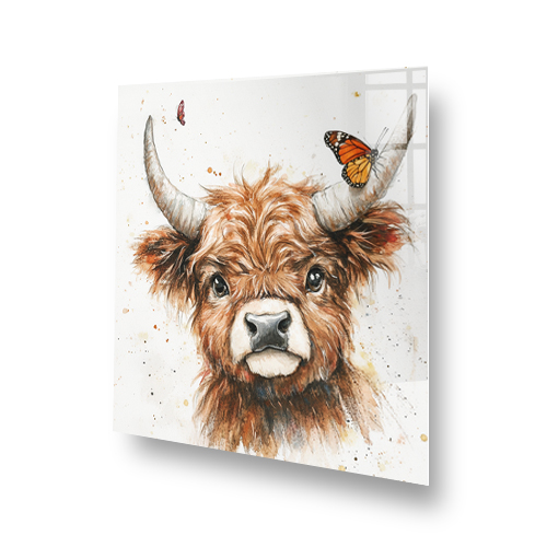 Highland Cow with butterflies on horns splashback art Side View