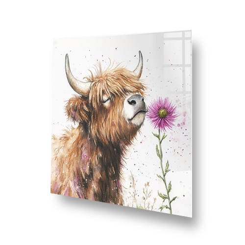 Highland cow with purple thistle splashback art Side View